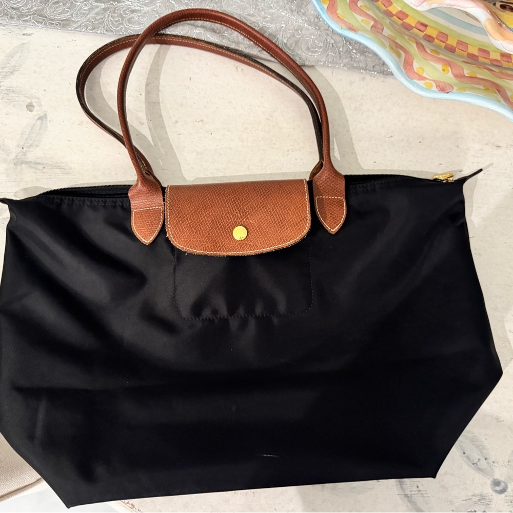 Longchamp Black Tote with Brown Leather Trim Medium Size